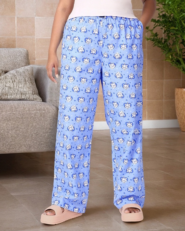 Shop Women's Blue All Over Printed Plus Size Wide Leg Pyjamas-Front