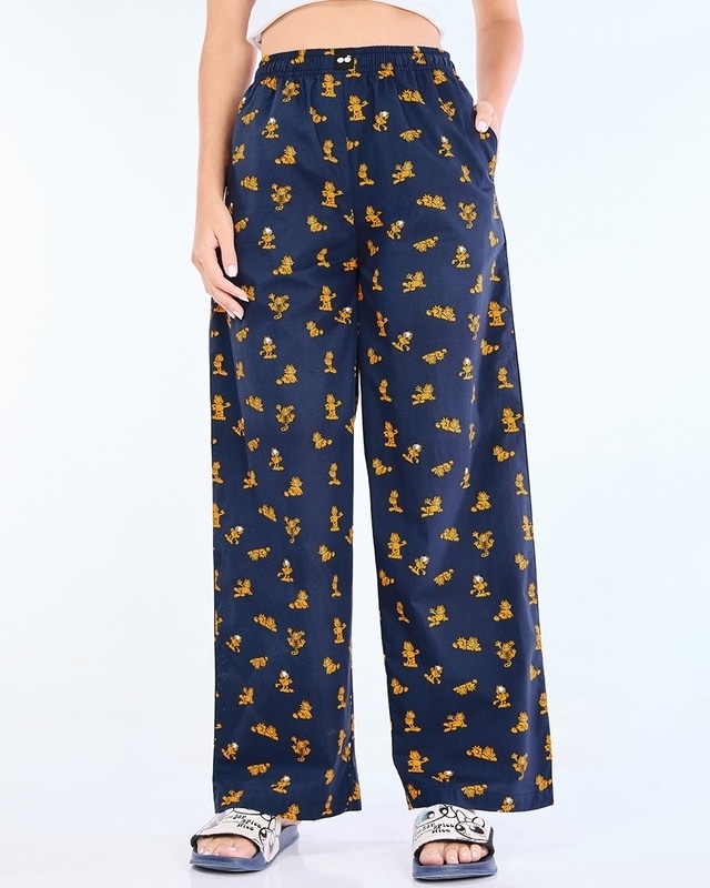 Shop Women's Blue All Over Printed Wide Leg Pyjamas-Front