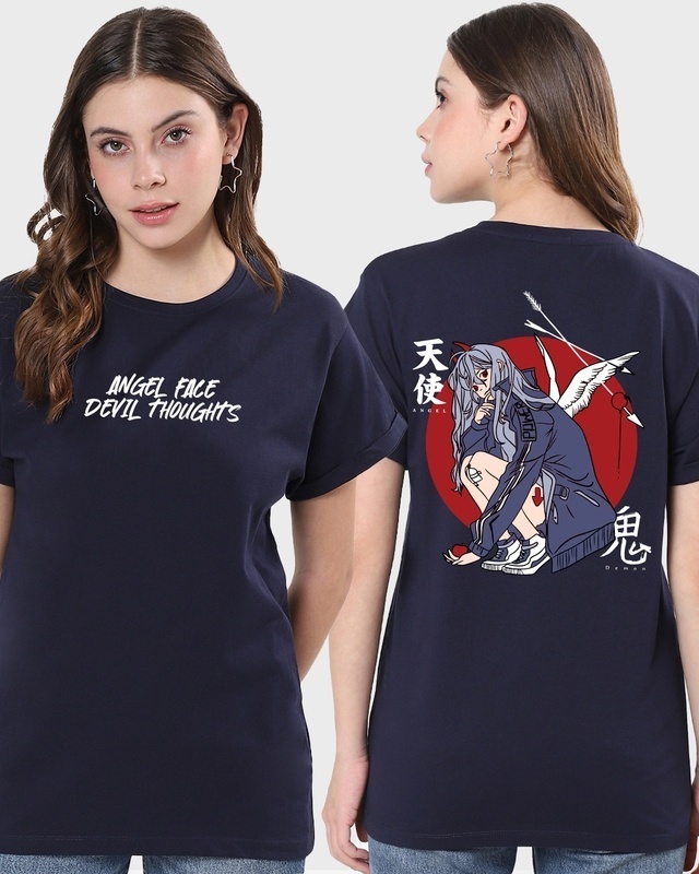 Shop Women's Blue Angel Face Devil Thoughts Graphic Printed Boyfriend T-shirt-Front