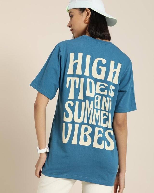 Shop Women's Blue Back Summer Vibes Typography Oversized T-shirt-Front