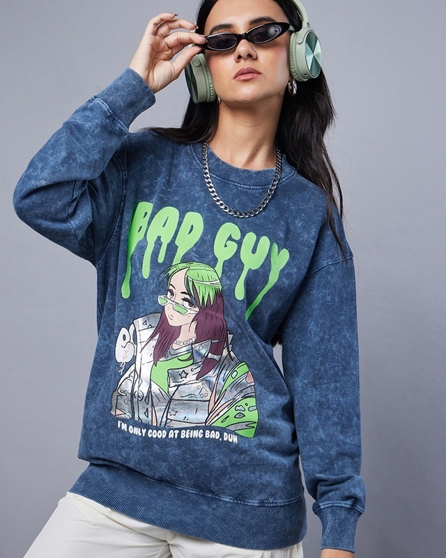 Shop Women's Blue Badguy Graphic Printed Oversized Sweatshirt-Front