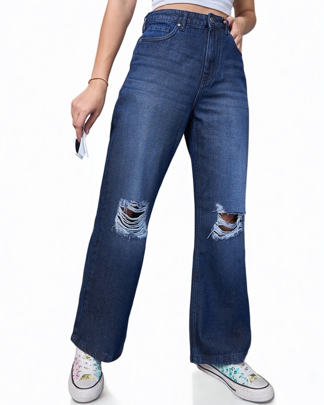 Shop Women's Blue Baggy Distressed Jeans-Front