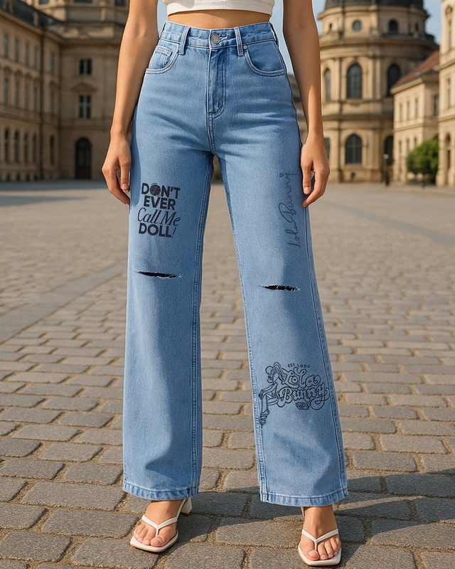 Shop Women's Light Blue Washed Straight Fit Distressed Jeans-Front