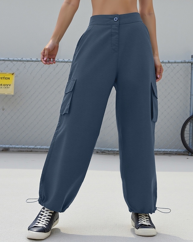 Shop Women's Blue Baggy Oversized Cargo Parachute Pants-Front