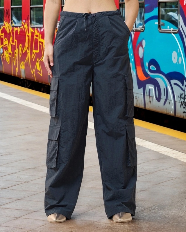 Women's Blue Baggy Oversized Cargo Parachute Pants-Front Bewakoof Shop Women's Blue Baggy Oversized Cargo Parachute Pants-Front