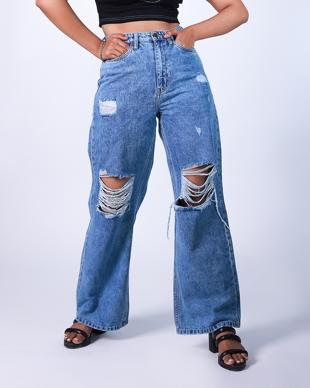 Shop Women's Blue Baggy Relaxed Fit Distressed Jeans-Front