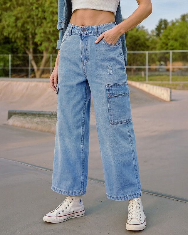 Shop Women's Blue Baggy Straight Fit Cargo Korean Jeans-Front