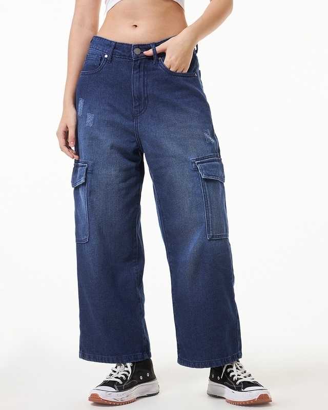 Shop Women's Blue Baggy Straight Fit Cargo Jeans-Front