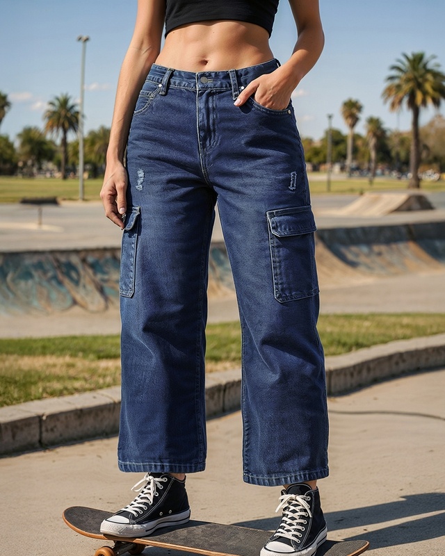 Shop Women's Blue Baggy Straight Fit Cargo Korean Jeans-Front