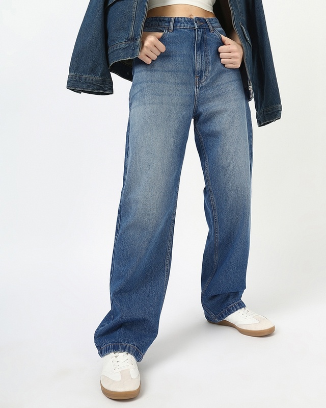 Shop Women's Blue Washed Baggy Straight Fit Jeans-Front