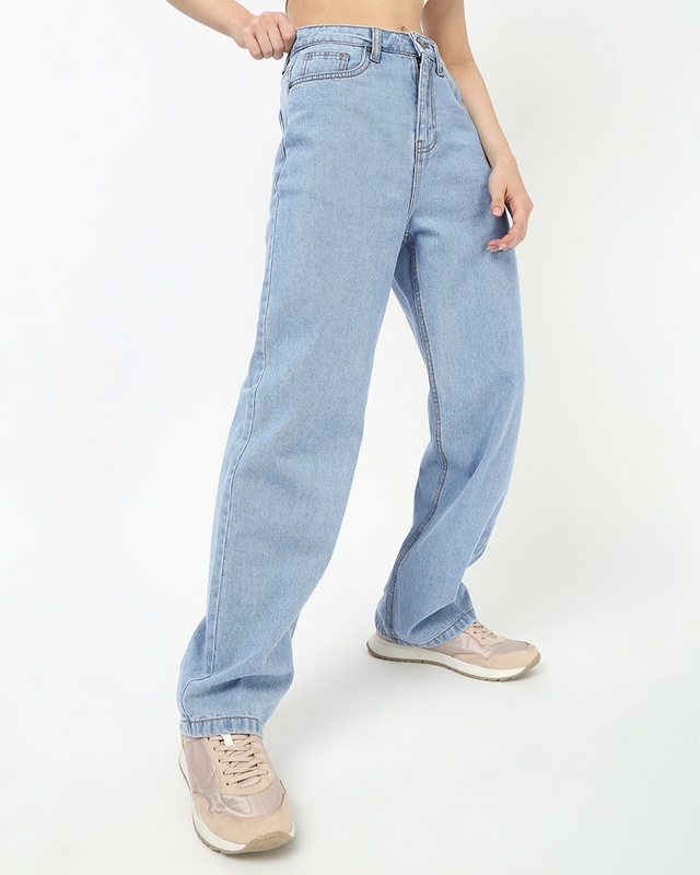 Shop Women's Light Blue Washed Baggy Straight Fit Jeans-Front