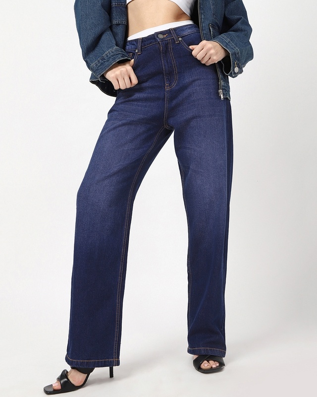 Shop Women's Blue Baggy Straight Fit Washed Jeans-Front