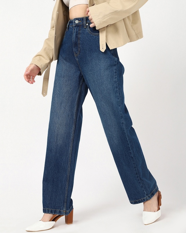 Shop Women's Blue Baggy Straight Fit Jeans-Front