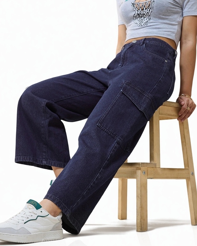 Shop Women's Blue Baggy Stright Fit Cropped Cargo Jeans-Front