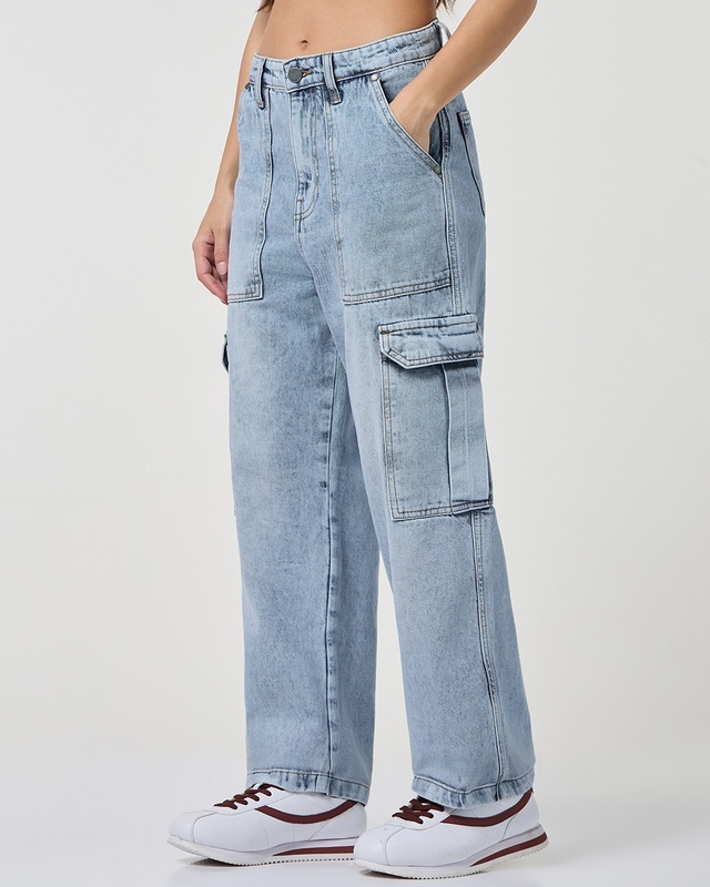 Shop Women's Light Blue Washed Straight Fit Cargo Jeans-Front