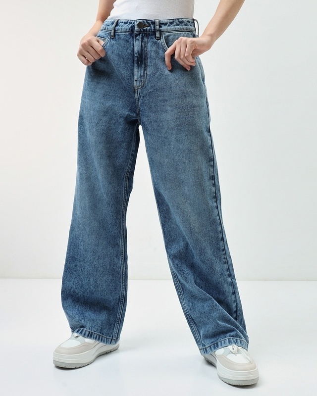 Shop Women's Blue Baggy Wide Leg Jeans-Front