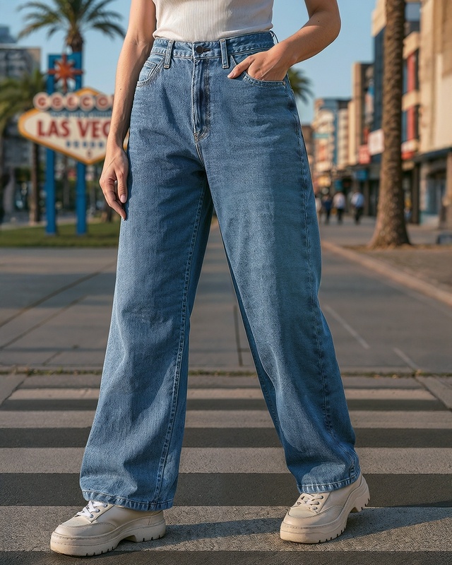 Shop Women's Blue Baggy Wide Leg Jeans-Front