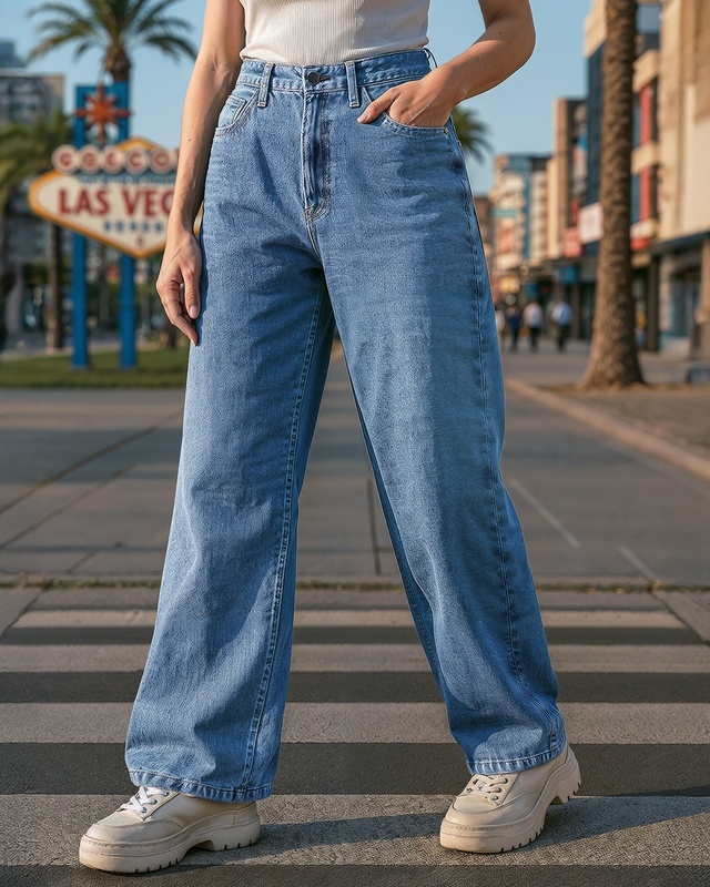 Shop Women's Blue Baggy Wide Leg Jeans-Front