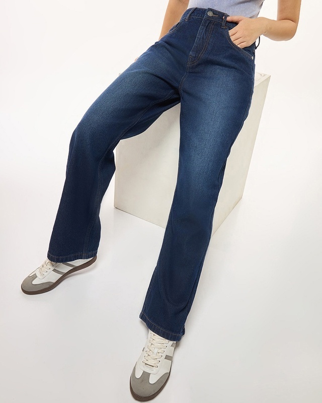 Shop Women's Blue Baggy Wide Leg Jeans-Front