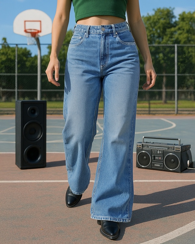 Shop Women's Blue Baggy Wide Leg Jeans-Front