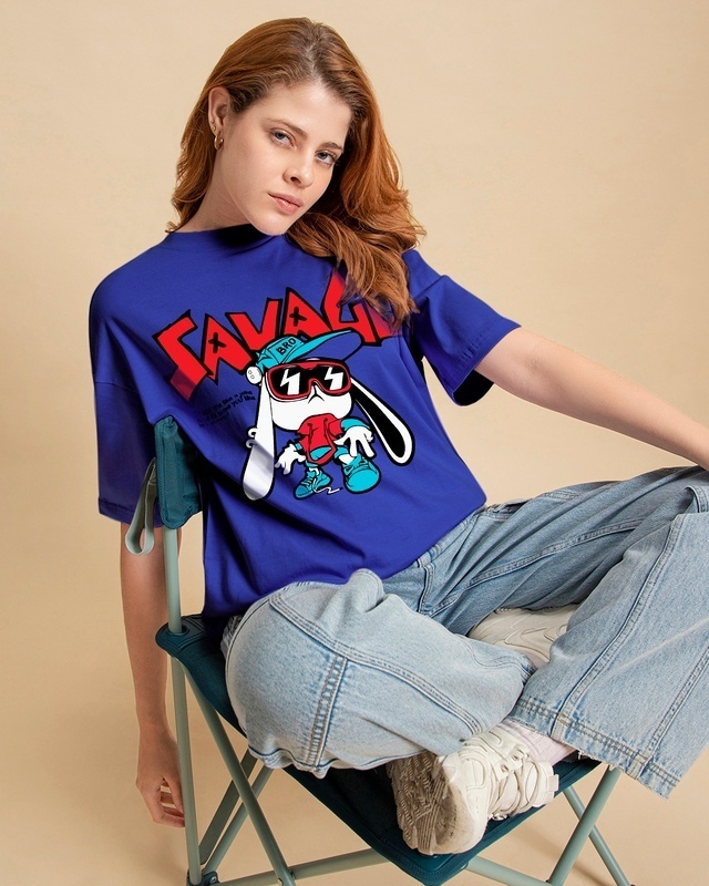 Shop Women's Blue Being Savage Graphic Printed Oversized T-shirt-Front