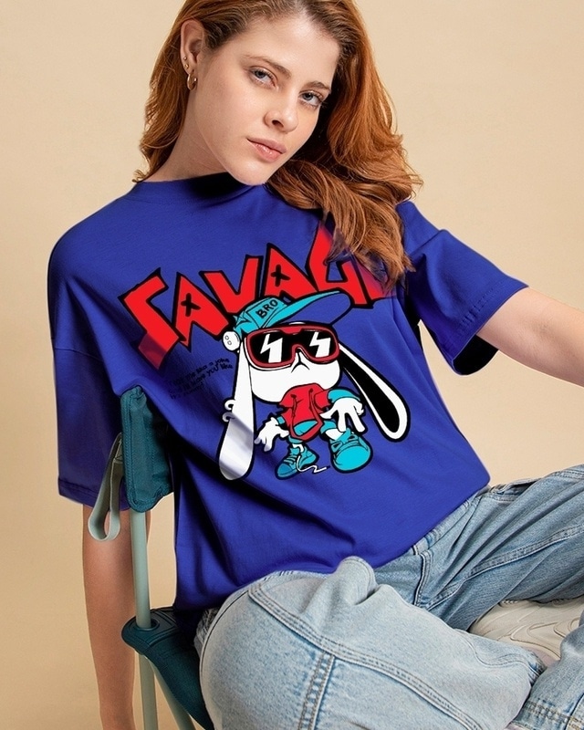 Shop Women's Blue Being Savage Graphic Printed Oversized T-shirt-Front