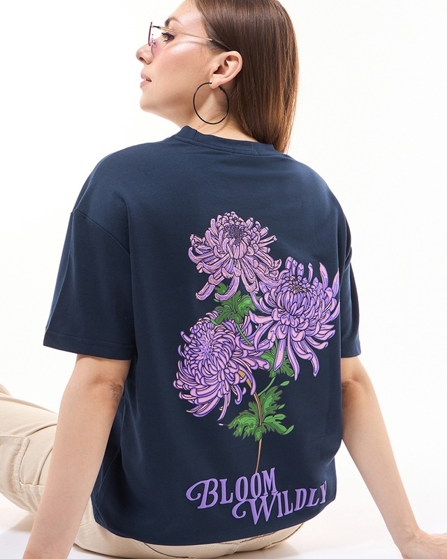 Shop Women's Blue Bloom Wildly Graphic Printed Oversized T-shirt-Front