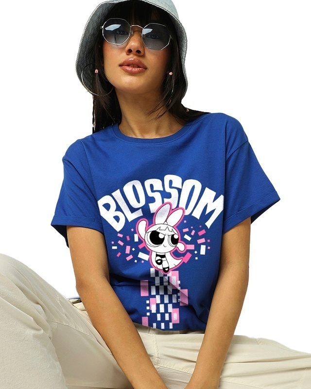 Shop Women's Blue Blossom Graphic Printed Boyfriend T-shirt-Front