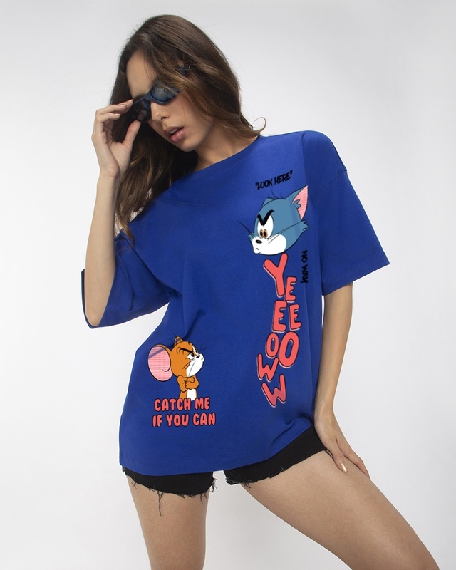 Shop Women's Blue Catch Me Graphic Printed Oversized T-shirt-Front