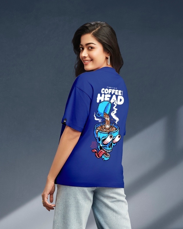Shop Women's Blue Coffee Head Graphic Printed Oversized T-shirt-Front