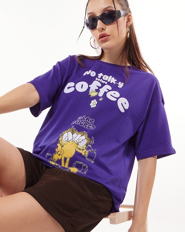 Shop Women's Blue Coffee Lover Graphic Printed Oversized T-shirt-Front