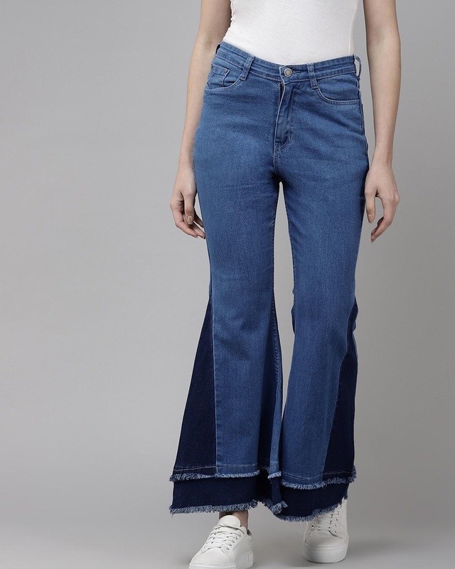 Shop Women's Blue Color Block Bootcut Jeans-Front