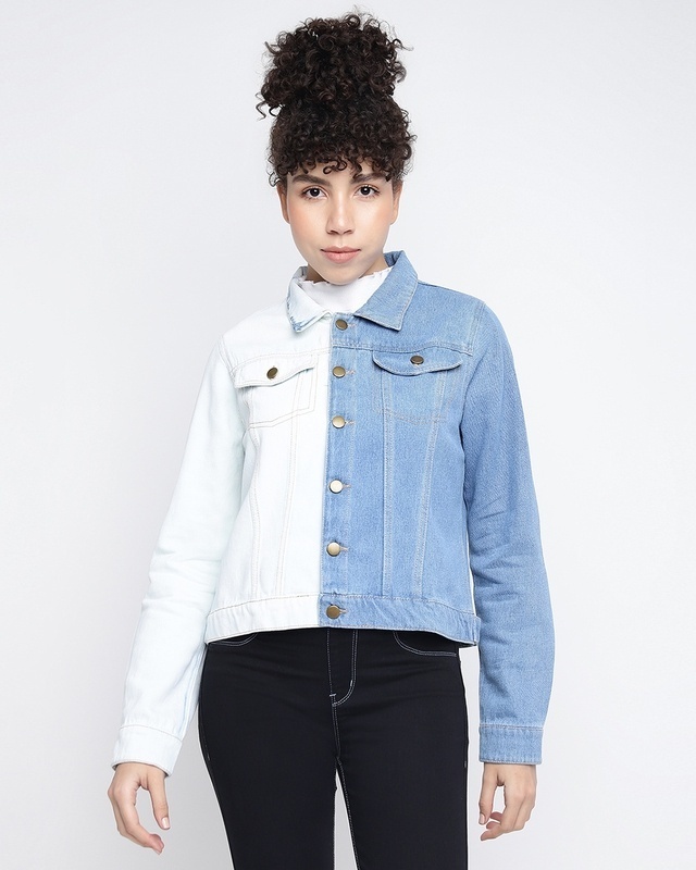 Shop Women's Blue & White Color Block Jacket-Front