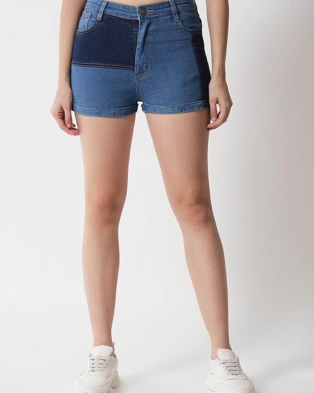 Shop Women's Blue Color Block Denim Shorts-Front