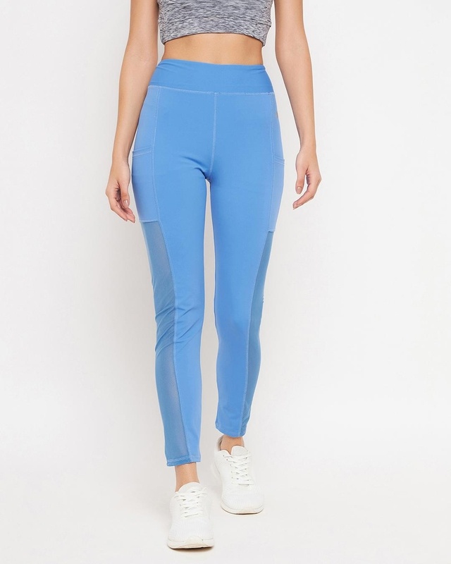 Shop Women's Blue Color Block Slim Fit  Activewear Tights-Front