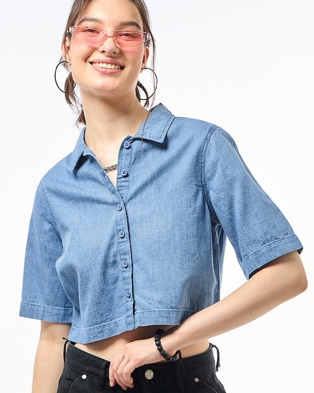 Shop Women's Blue Crop Shirt-Front