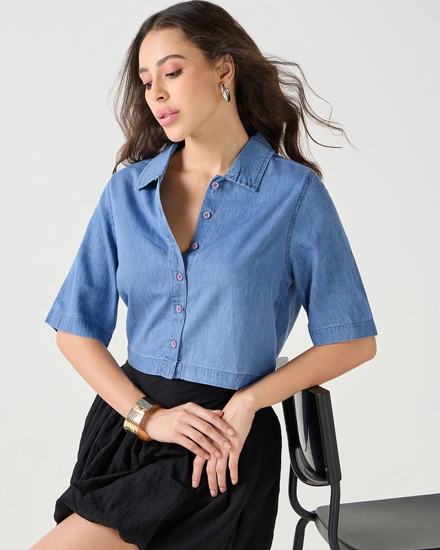 Shop Women's Blue Crop Shirt-Front