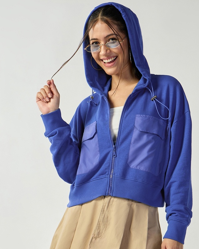 Shop Women's Blue Cropped Oversized Hoodies-Front