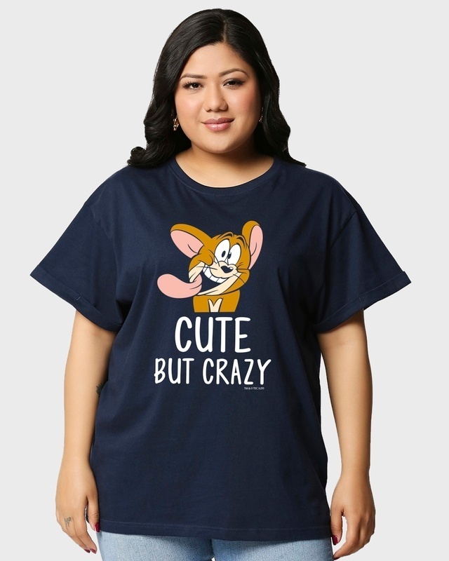 Shop Women's Blue Cute But Crazy Graphic Printed Plus Size Boyfriend T-shirt-Front