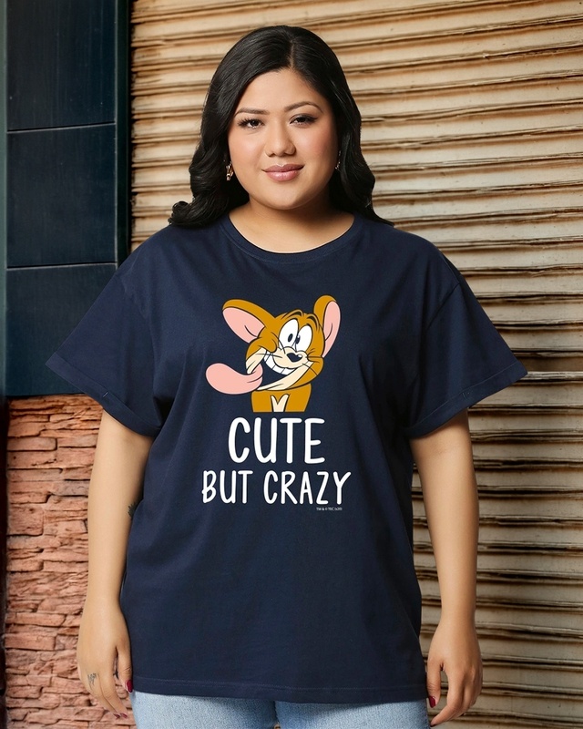 Shop Women's Blue Cute But Crazy Graphic Printed Plus Size Boyfriend T-shirt-Front