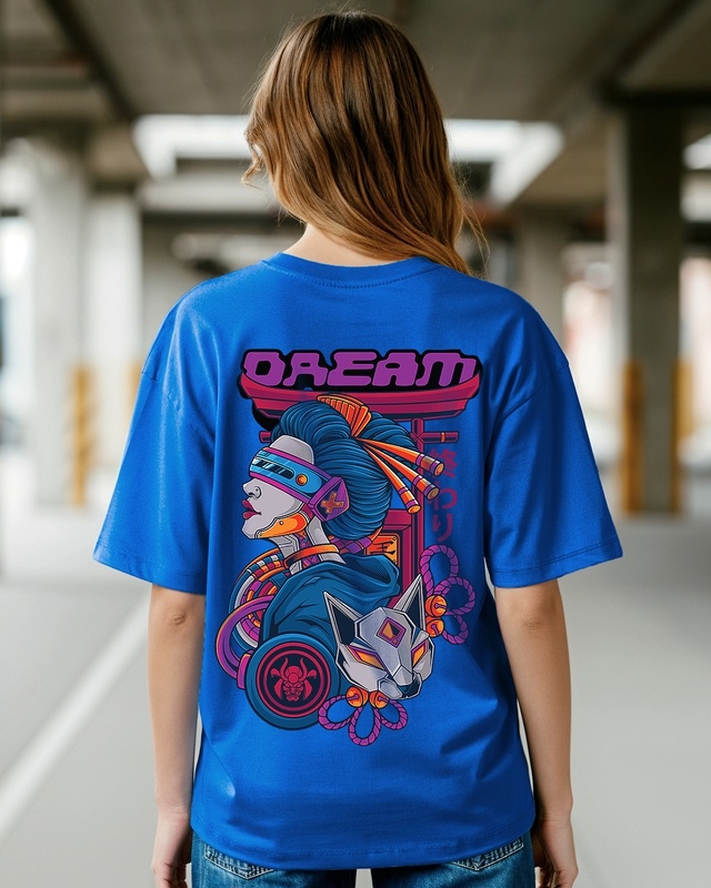 Shop Women's Blue Cyborg Dreams Graphic Printed Oversized T-shirt-Front