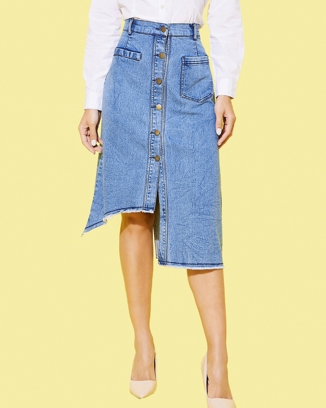 Shop Women's Blue Denim High Low Skirts-Front