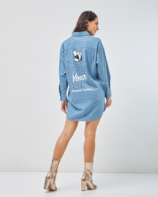 Shop Women's Blue Peanuts Graphic Printed Super Loose Fit Shirt Dress-Front