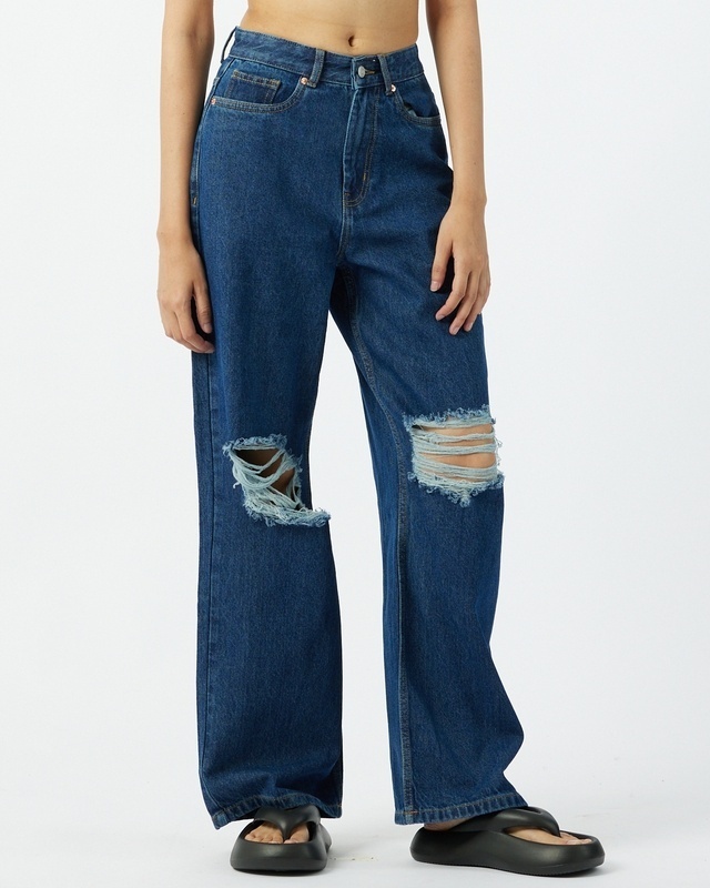 Shop Women's Blue Distressed Super Loose Fit Jeans-Front