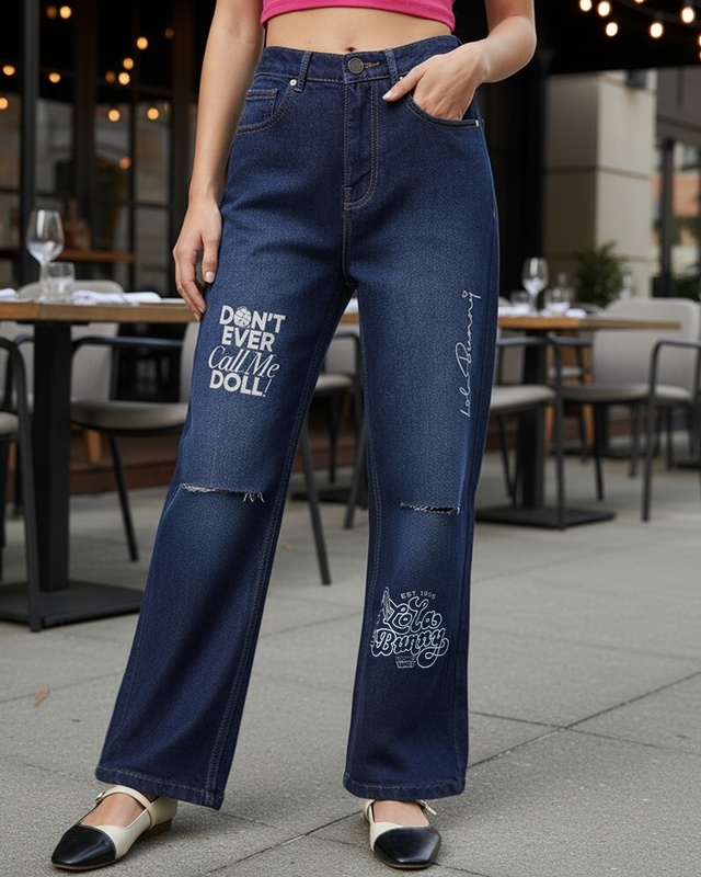 Women's Blue Distressed Washed Straight Fit Jeans-Front Bewakoof Shop Women's Blue Distressed Washed Straight Fit Jeans-Front
