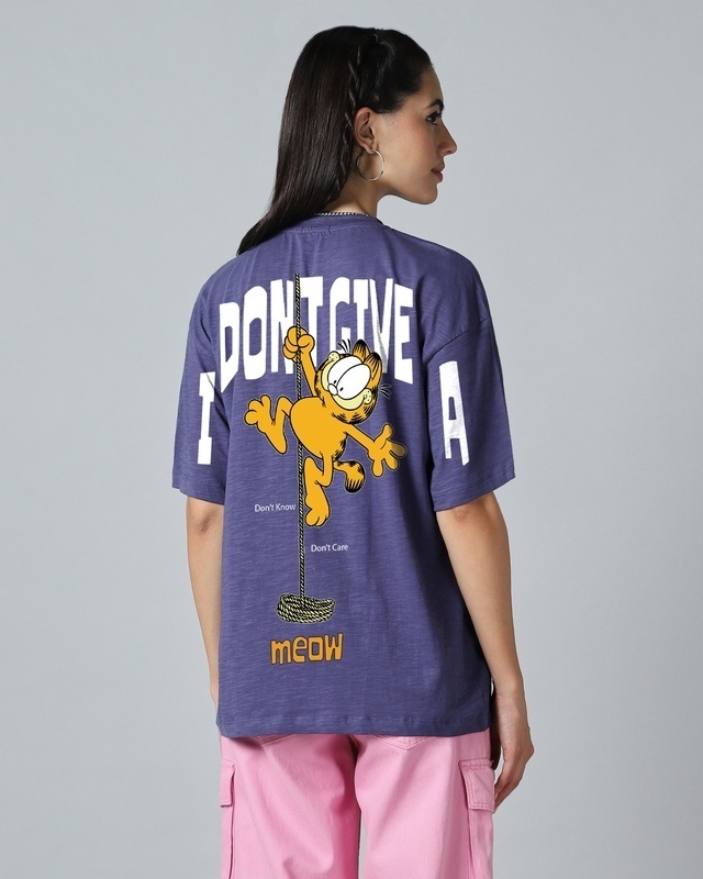 Shop Women's Blue Don't Give a Meow Graphic Printed Oversized T-shirt-Front