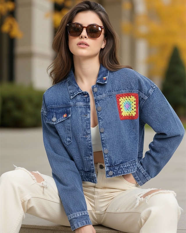 Women's Blue Embroidered Oversized Washed Cropped Denim Jacket-Front Bewakoof Shop Women's Blue Embroidered Oversized Washed Cropped Denim Jacket-Front