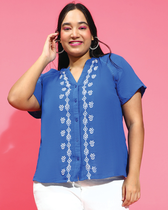 Shop Women's Blue Embroidered Relaxed Fit Plus Size Shirt-Front