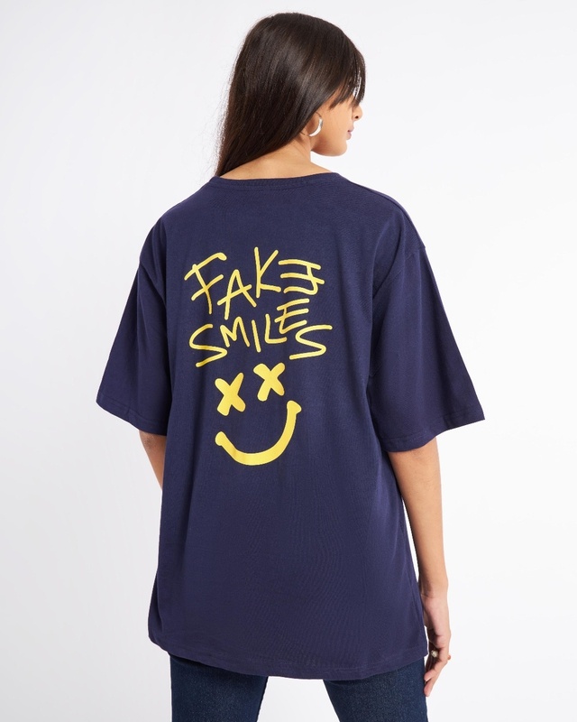 Shop Women's Blue Fake Smiles Graphic Printed Oversized T-shirt-Front