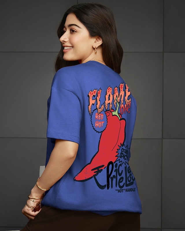 Shop Women's Blue Flame Graphic Printed Oversized T-shirt-Front